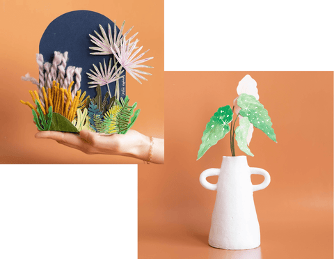 Shown: Two pictures. One shows an air dry clay vase painted white with a paper plant inside. The other shows a landscape made using paper and yarn.