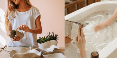 woman making a vase for flowers with a DIY Pottery Kit and another woman taking a bath while reading